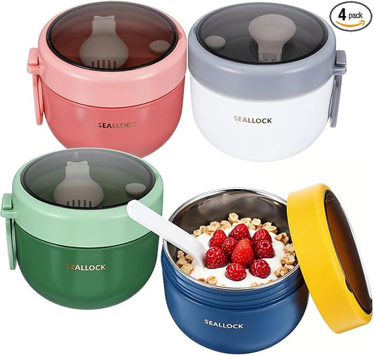 4pcs Overnight Oat Containers with Lids and Reusable Plastic Spoons,20oz Portable Stainless Steel Yogurt Breakfast On The Go Cups, Cups for Cereal,Milk and fruit Salad Storage Container