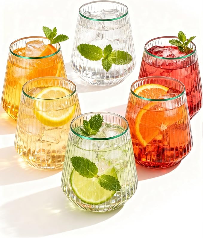 BESTSTAR 36 Pcs 12 oz Plastic Clear Green Rim Ribbed Wine Glasses, Origami Ripple Disposable Champagne Glasses Elegant Whiskey Glasses Ideal for Weddings, Bars, Christmas, Pool Party, Daily Use