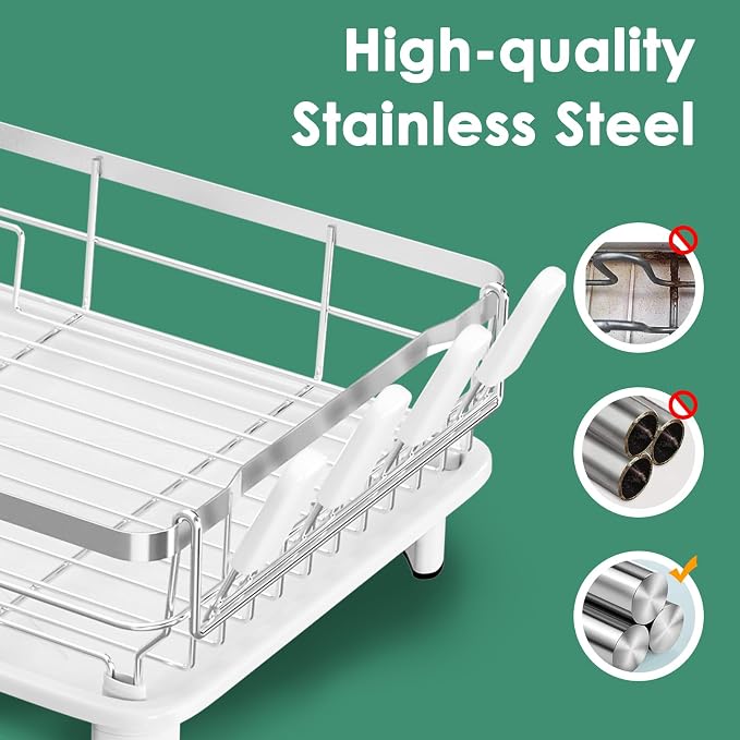MOUKABAL Dish Drying Rack, Dish Rack, Stainless Steel Dish Racks for Kitchen Counter, Dish Drainer with Removable Utensil Holder, Drainboard (White,Stainless Steel,13''W x 17''L)
