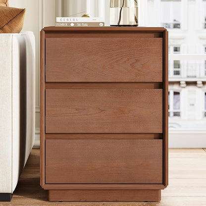 Solid Wood Nightstand, Natural Wood Night Stand with 3 Drawers, Mid Century Modern Nightstand with Storage, Bedside Table for Bedroom, Office, Brown
