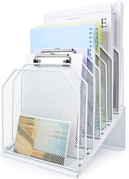 SUMMORO Inclined File Organizer for Desk, 7-Tier Vertical File Folder Holder Office Desk Organizer Metal Rack File Wire Mesh Desktop Document Sorter for Office School Classroom Home (White)