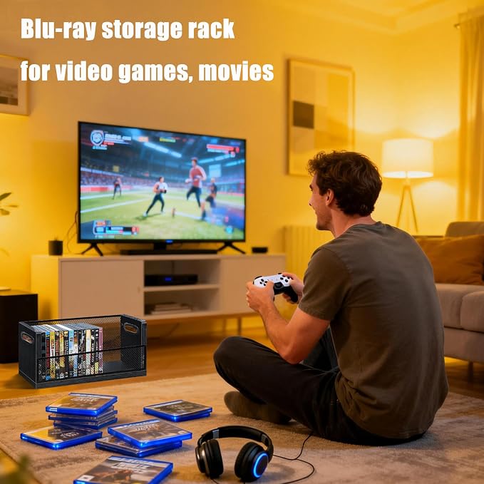 DVD Blu ray Storage Rack, DVD Shelf Holds Up To 28 DVD Cases, Stackable Wood & Metal DVD Tower with Magnetic Opening Door for Easy Access, Desktop Organizer for CDs, Video Game, VHS Tapes