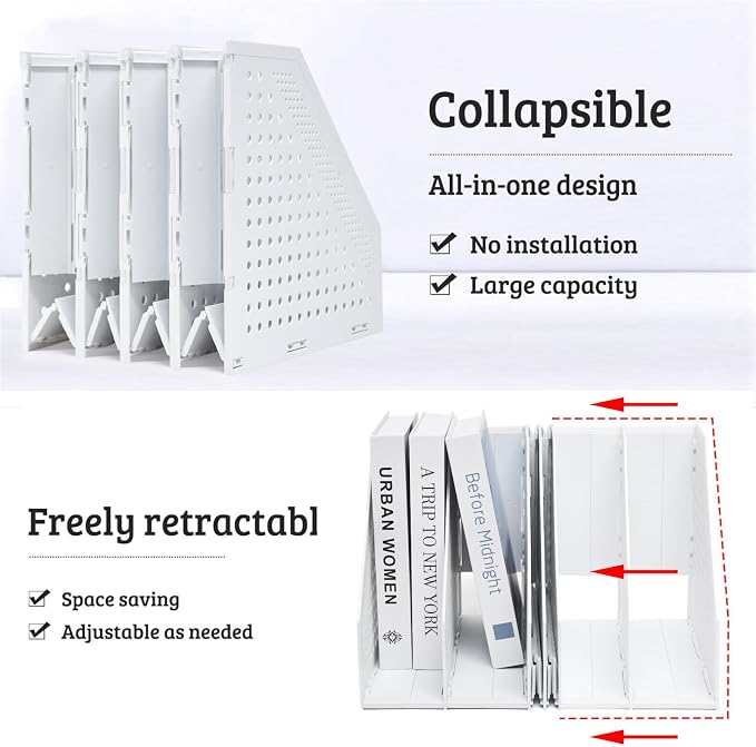 SAYEEC Collapsible Magazine Holder Plastic Desktop 4 Compartment File Desk Magazine Organizer Vertical File Divider Sorter Storage Document Organizer for Office Home School Gray