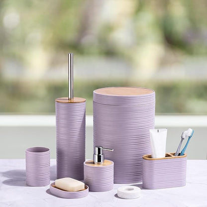 CERBIOR Bathroom Accessories Set 6 Piece Bamboo Bath Ensemble Includes Soap Dispenser, Toothbrush Holder, Toothbrush Cup, Soap Dish for Decorative Countertop and Housewarming Gift, Sriral Purple