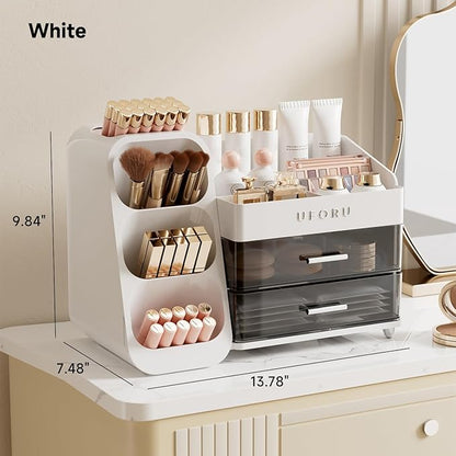 Makeup Organizer for Vanity with Brush Holder, Countertop Skincare Organizer with 2 Drawers, Spacious Cosmetic Display Case for Perfumes, Eyeshadow Palettes, Nail Polishes