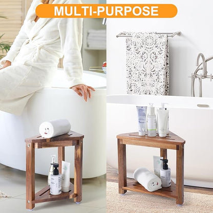 Shower Foot Rest 13.5in, Acacia Wood Shower Stool for Shaving Legs, Small Foot Stool with Storage Shelf, for Inside Small Shower Spaces