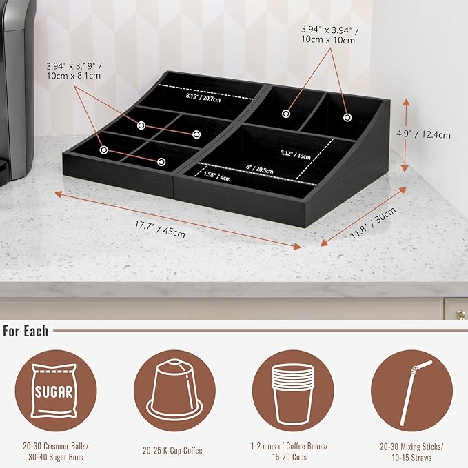 ANBOXIT Coffee Station Organizer for Countertop, Condiment Service Organizer, Coffee Bar Supplies Caddy for Home, Office and Breakroom - Wooden, Black, 9 Compartment, Two-in-One