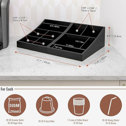 ANBOXIT Coffee Station Organizer for Countertop, Condiment Service Organizer, Coffee Bar Supplies Caddy for Home, Office and Breakroom - Wooden, Black, 9 Compartment, Two-in-One