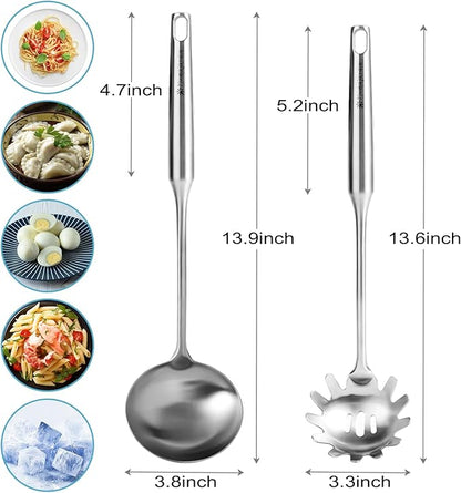 Stainless Steel Soup Ladle and Spaghetti Spoon Set - Large Ladle Spoon, Pasta Strainer, Durable Kitchen Cooking Utensils for Stirring, Serving Pasta, Soup & Sauce，Christmas Gifts
