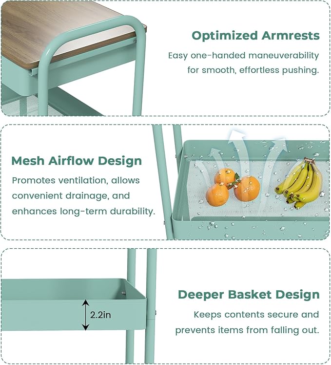 danpinera 3 Tier Rolling Cart, All-in-One Art Cart Organizer on Wheels for Kitchen, Bathroom, Office, Laundry