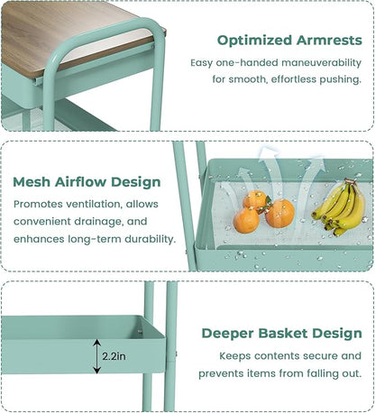danpinera 3 Tier Rolling Cart, All-in-One Art Cart Organizer on Wheels for Kitchen, Bathroom, Office, Laundry