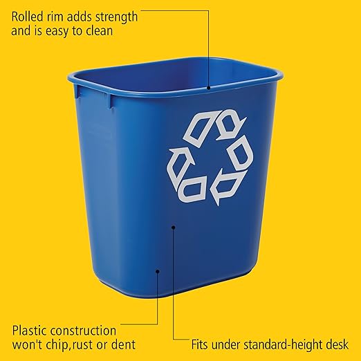 Rubbermaid Commercial Deskside Recycling Container, 3.25-Gallon/13-Quart, Blue Recycling Symbol, Plastic, for Bedroom/Bathroom/Office, Fits Under Desk/Sink/Cabinet