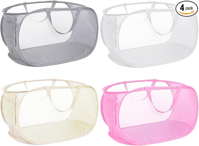 4 Pack Collapsible Laundry Baskets, Foldable Laundry Basket with Pocket, Durable Mesh Pop Up Hampers, Reinforced Handles Dirty Clothes Hamper for Laundry, Bedroom, Bathroom, Dorm, Travel or Camping