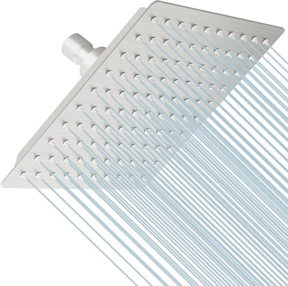 BESy 8 Inch Rain Shower Head, 8" Square Rainfall & High Pressure Stainless Steel Bath Shower Head, 1/16" Ultra Thin, Waterfall Full Body Coverage with Silicone Nozzle, Non Fingerprint Brushed Finish