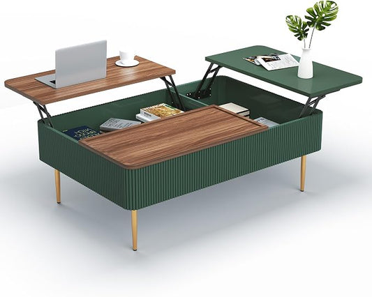 HLR 47" Dual Lift Top Coffee Table with Storage, Modern Wood Fluted Coffee Table with Hidden Compartment,Lift Tabletop Dining Center Table for Living Room, Office (Green)