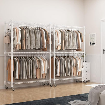 BATHWA Heavy Duty Garment Rack on Wheels, Rolling Clothes Racks for hanging clothes, Modern Closet Wardrobe Clothing Rack with 8 Side Hangers, White