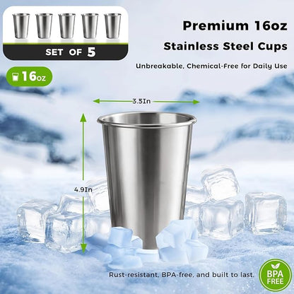 5 Pack 16 oz Stainless Steel Pint Cups,Stainless Steel Cup,Pint Cup Tumbler，water Tumbler,Stackable,Reusable,BPA Free