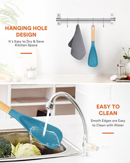 Cooking Spoon for Nonstick Cookwares, Great for Cooking and Serving Sturdy BPA-Free Matte Silicone, Wood Handle Spoon for Mixing, Scoop, and Scrape (TURQ, 11.4 inch)