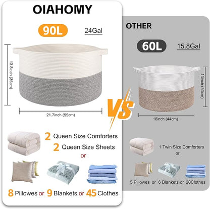 OIAHOMY 90L XXXLarge Blanket Basket for Living Room, 21.7" x 13.8" Woven Cotton Rope Laundry Basket for Organizing Pillows, Decorative Stuffed Animal Toy Storage for Nursery, White and Light Grey