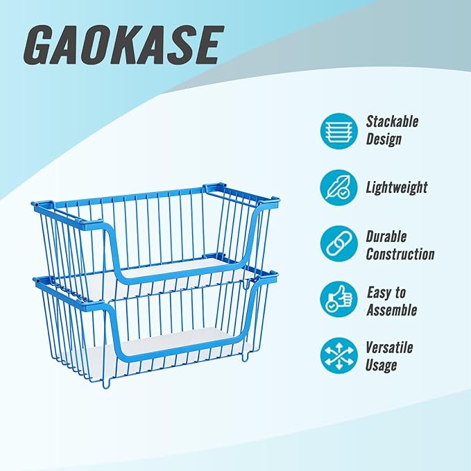 GAOKASE 4 Pcs Stackable Wire Baskets for Pantry Organizers and Storage,Vegetable Fruit Basket for Countertop,Kitchen Storage Metal Baskets,Produce Potato Onion Storage Bin,blue