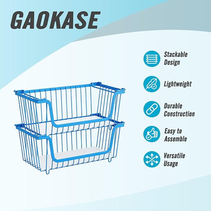 GAOKASE 4 Pcs Stackable Wire Baskets for Pantry Organizers and Storage,Vegetable Fruit Basket for Countertop,Kitchen Storage Metal Baskets,Produce Potato Onion Storage Bin,blue