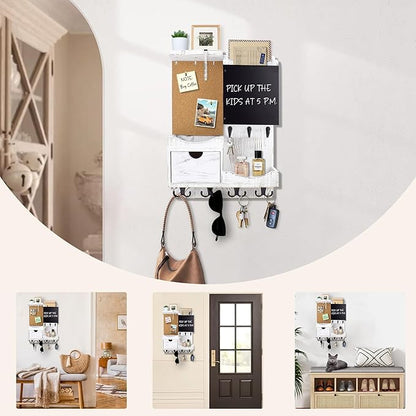 Key Holder Wall Mount， Mail Organizer Key Holder for Wall with Shelf, Drawer, Chalkboard, Corkboard, Home Decor Wall Mounted for Room Entryway(Whitewashed)