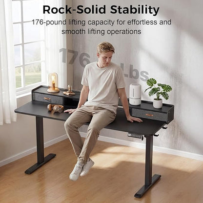 Electric Standing Desk with Drawers, 63 Inch Height Adjustable Desk with Power Outlets & LED Lights, Sit Stand Table with Monitor Stand for Home, Office, Black