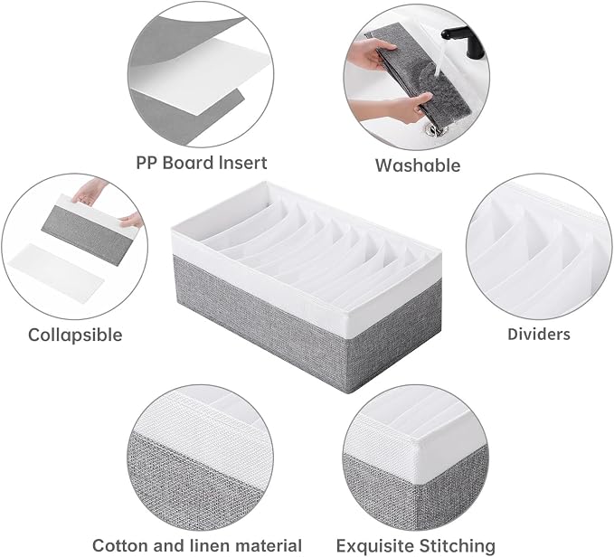 4 Packs T-shirt Drawer Organizers for Clothing,10 Grids Compartment Wardrobe Storage Box, Clothes Organizer for Folded Clothes, T-shirt, Legging-15.75''x9.06''x5.91''-GreyWhite