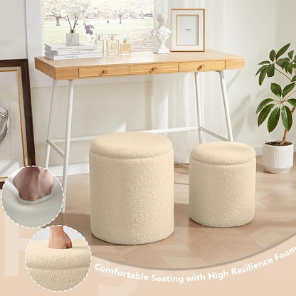 Royal Windsor Boucle Round Ottoman with Storage Set of 2,Small Foot Stool Ottoman for Living Room, Small Coffee Table,Vanity Stool with Storage for Bedroom, Beige