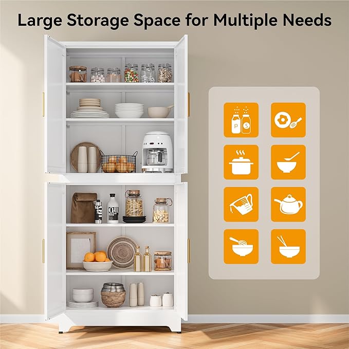 COFaR White 75” Tall Modular Storage Cabinet, Stackable 2-in-1 Metal Cabinet with 4 Doors & 6 Adjustable Shelves, Heavy Duty Pantry Cabinet, Floor to Ceiling Kitchen Organizer with Anti-Tip Kit