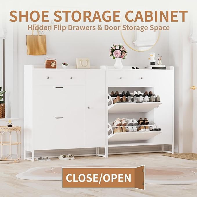 YESHOMY Shoe Cabinet for Entryway, Shoe Storage Cabinet with 2 Flip-Front Doors & Drawers, Shoes Organizer for Living Room and Hallway, White