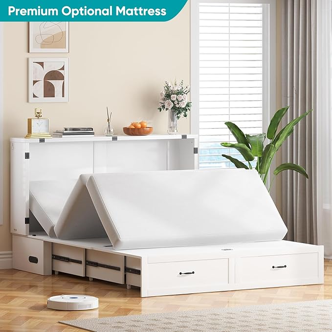 BALUS Murphy Bed Queen with USB Charging Station, Murphy Cabinet with Tri-Folding Foam Mattress and 2 Storage Drawers, Hideaway Foldable Wall Cabinet Bed Chest for Living Room Bedroom Office, White