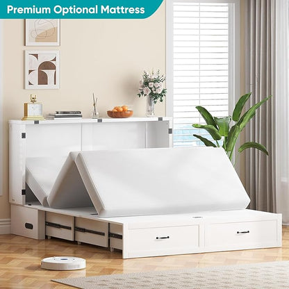 BALUS Murphy Bed Queen with USB Charging Station, Murphy Cabinet with 2 Storage Drawers, Hideaway Foldable Wall Cabinet Bed Chest for Living Room Bedroom Home Office (No Mattress, White)