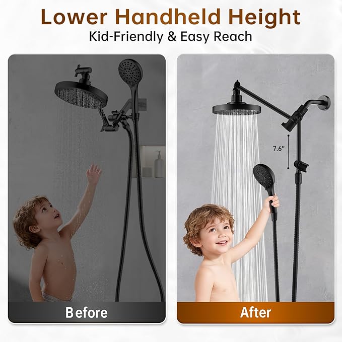 BRIGHT SHOWERS High Pressure Dual Shower Head Combo with Handheld and Rain Shower, Built-in Power Wash, 9 Settings, Height Adjustable Extension Arm, 3-Way Diverter, 69” Hose, Matte Black