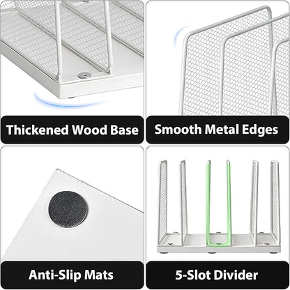 LEKETREE Small Desk File Organizer, 5-Section Upright File Sorter, Vertical File Folder Holder, Mesh Metal Wood Office Desktop Organization for Document, Magazine, Books and more (White)