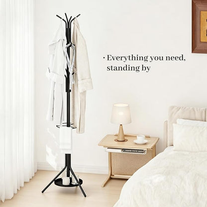 Kitsanery Coat Rack Freestanding,Metal Coat Tree with Umbrella Holder,Hat and Coat Rack Stand for Entryway, Hallway, Living Room, Bedroom (Black)