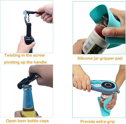 Otstar Jar Openers for Weak Hands, 5 in 1 Bottle Opener for Seniors with Arthritis - Multifunctional Lid Remover Set, Includes Non-slip Rubber Jar Gripper Pad, Wine Opener (Blue and Grey)