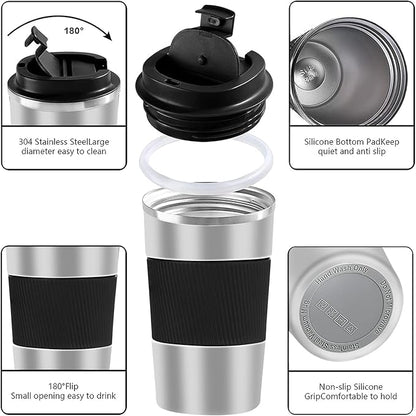 YINBAOGE Insulated Travel Coffee Mug, Spill & Leak Proof, Portable To Go Camping Stainless Steel Coffee Tumbler, Reusable Thermal Coffee Cup with Lid for Hot & Cold Drinks (Silver black, 17 OZ)