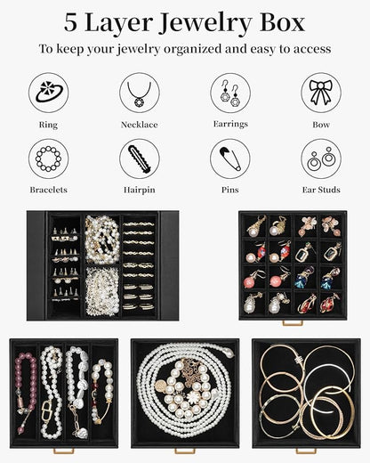 TORIBIO Jewelry Box for Women, Leather Jewelry Organizer with Mirror & Lock, 5-Tier Jewelry Storage Organizer with 4 Drawers for Girls/Women/Mothers, Necklace Earring Bracelets Holder Organizer