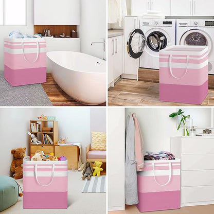 HomeHacks 2 Pack Large Laundry Baskets, Waterproof, Freestanding Laundry Hampers, Collapsible Clothes Hamper with Reinforced Handles in Laundry, College Dorm, Bathroom, Bedroom (Pink, 100Lx2)