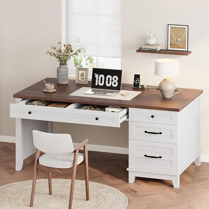 53.5" Executive Desk with Power Outlet, Home Office Desk with Drawers, Wooden Work Desk with File Cabinet, Computer Desk for Work, Study, Writing, White and Brown