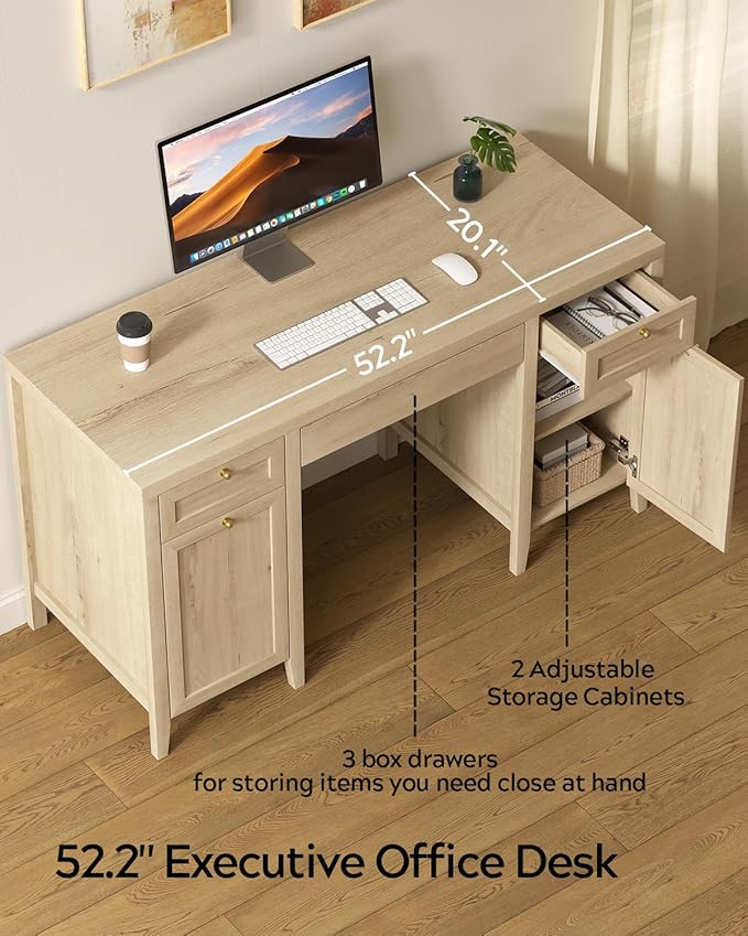 52" Executive Desk with Storage Drawer, Farmhouse Home Office Desk with Storage Cabinet Wood Computer Writing Desk for Study Office, Light Oak