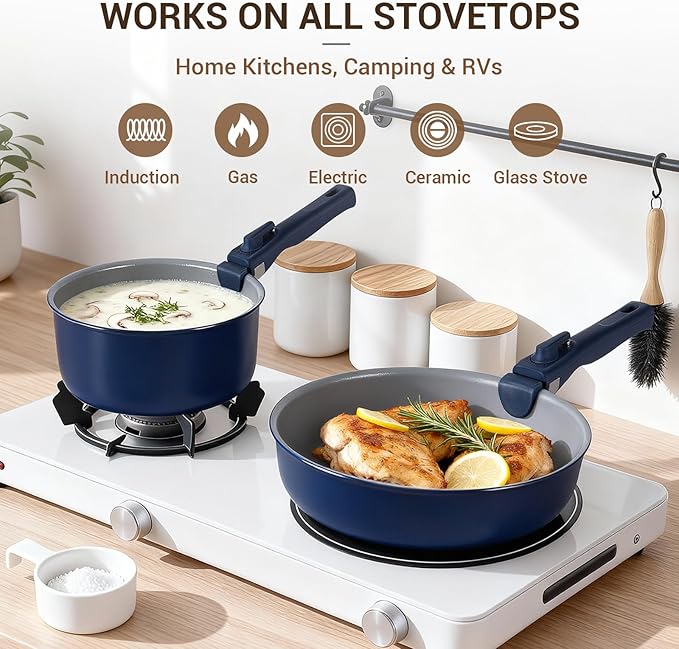 Ammeloo 18-Piece Ceramic Pots and Pans Set Non Stick, Non Toxic Cookware Set with Removable Handles, Pot Sets for Cooking, Induction Ready, Dishwasher & Oven Safe, PFAS PFOA & PTFE Free (Navy Blue)