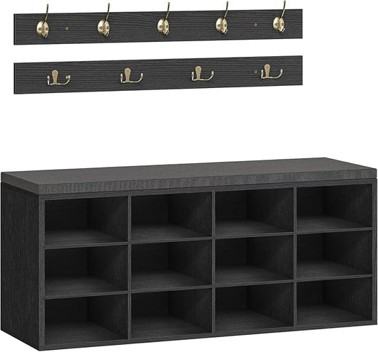 HOOBRO Shoe Storage Bench with Cushion, 39.4" L Entryway Bench with 12 Cubbies, Entryway Hall Tree with Storage, Cubby Shoe Rack Bench with Coat Rack for Hallway, Holds up to 330 lb, Black BB112HX01