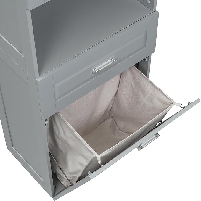 70" Tall Bathroom Storage Cabinet with Two Doors and Drawer, Open Space and Laundry Hampers for Home Display Organizer, Removable Laundry Basket, Adjustable Shelf, Gray