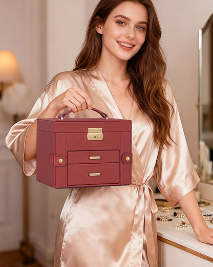 TORIBIO Jewelry Box for Women, Leather Jewelry Organizer with Mirror & Lock, 3-Tier Jewelry Storage Organizer with 2 Drawers for Girls/Women/Mothers, Necklace Earring Bracelets Holder Organizer