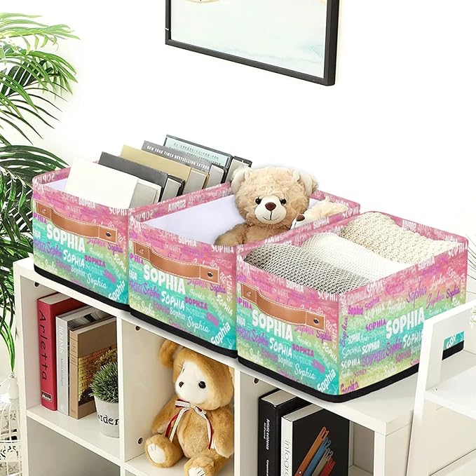 Custom Small Storage Basket Name, Rectangular Storage Bins Handles Organizing Girls Pets Toys Clothes Books for Countertop Toilet Paper Basket Closet Shelf, Pink Yellow Turquoise Glittering