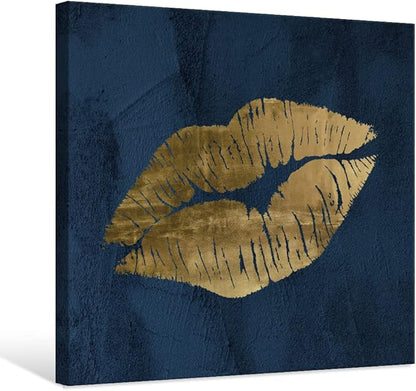 Navy Blue and Gold Lip Canvas Wall Art Lip Wall Decor Fashion Poster Sexy Painting Cute Pictures for Bedroom Bathroom Makeup Home Decoration 32x32Inch