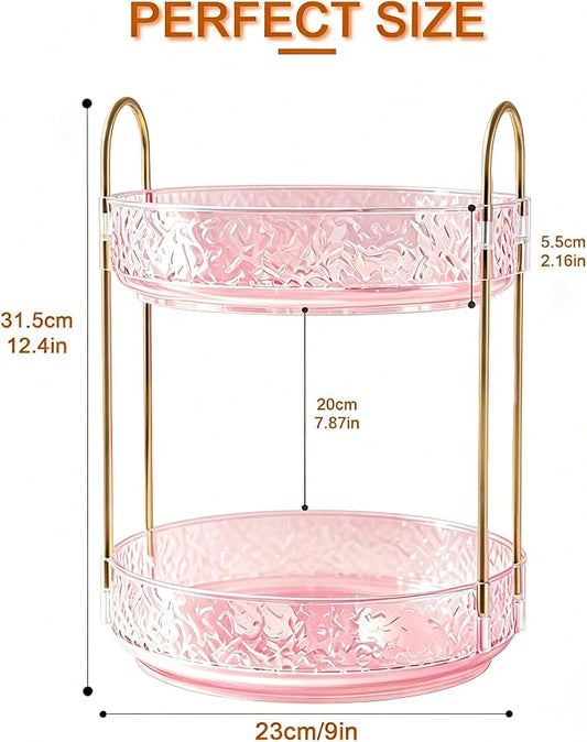 Fangoo 2 Tiers Pink Rotating Makeup Organizer for Vanity, 360 Spinning Skincare Organizers for Dresser Perfume Organizer Large Skincare Make up Storage Cosmetic Organizer for Bathroom Countertop