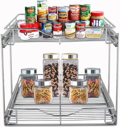 DINDON 2 Tier Pull Out Cabinet Organizer (11" W X 21" D), Double Tier Wire Basket Slide Out Shelf Storage for Kitchen Base Cabinet Organization for Kitchen, Pantry, Bathroom, Chrome